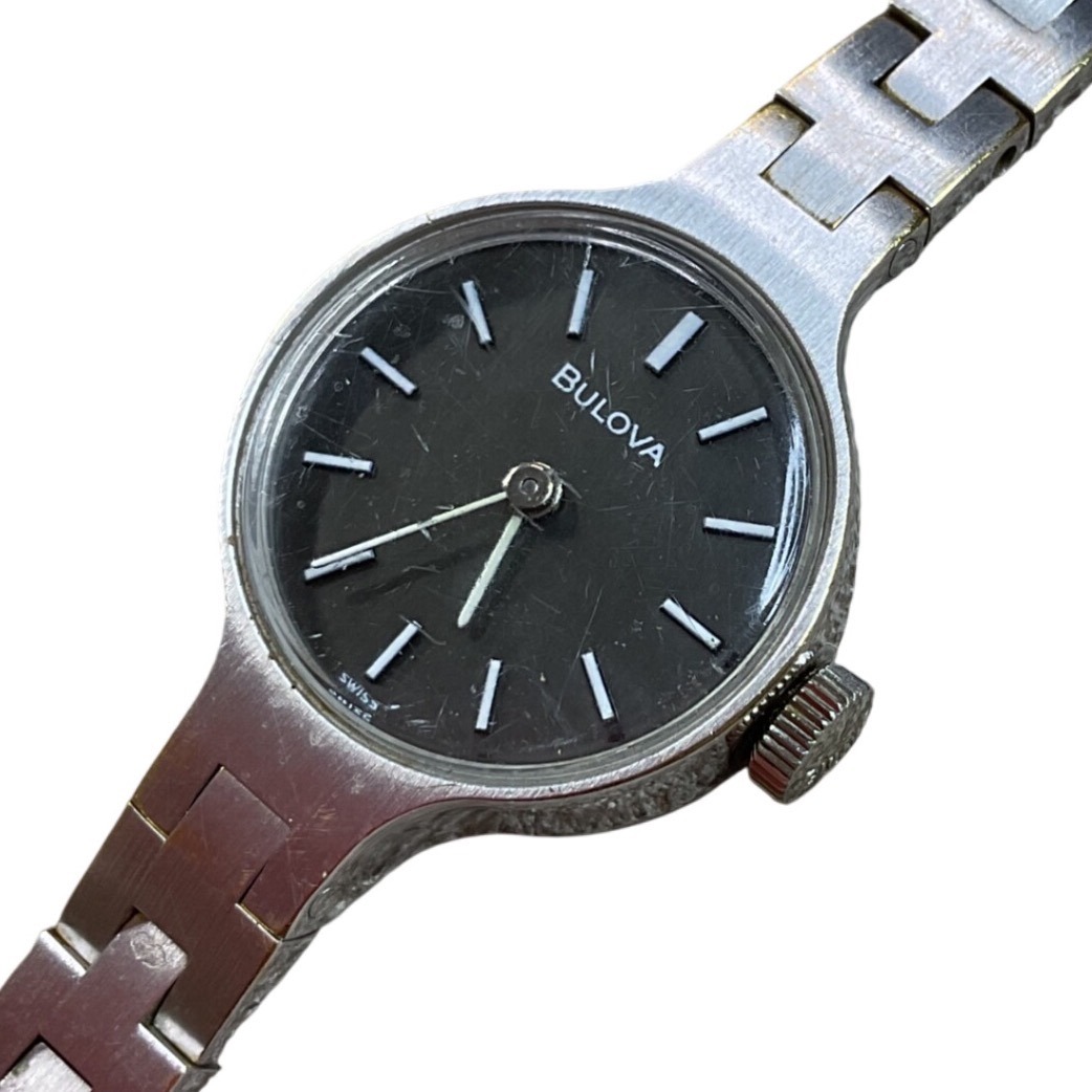 Vintage Bulova Women Watch Black Dial Silver Tone Manual Wind 1972 N2 Swiss Made